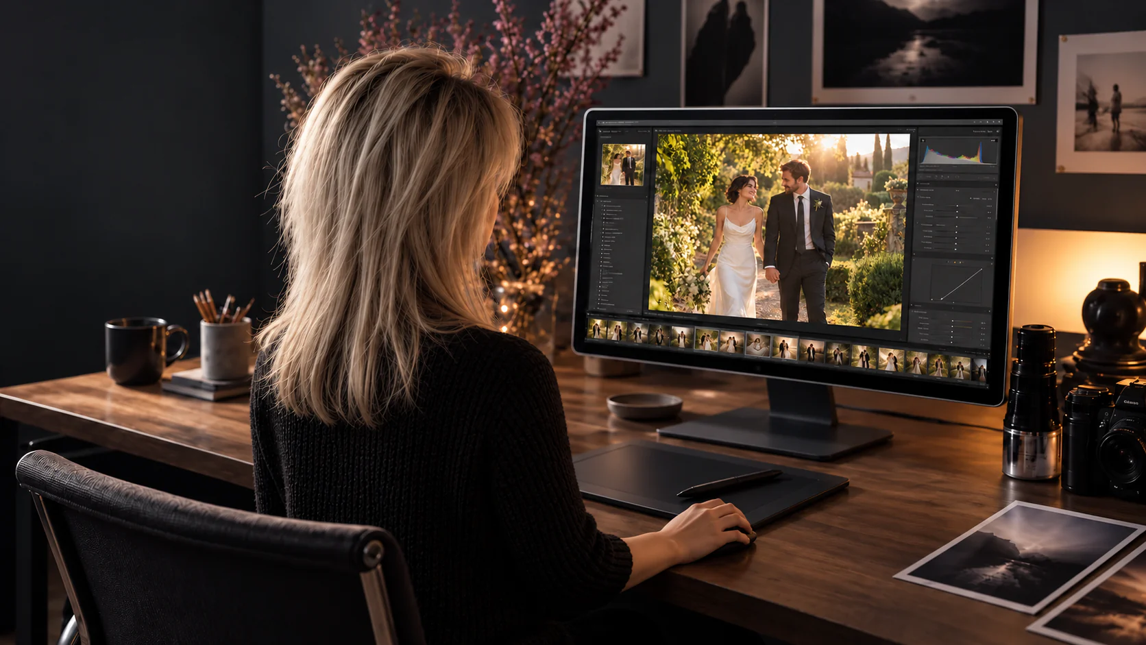 A photo retoucher editing a wedding photograph at a computer